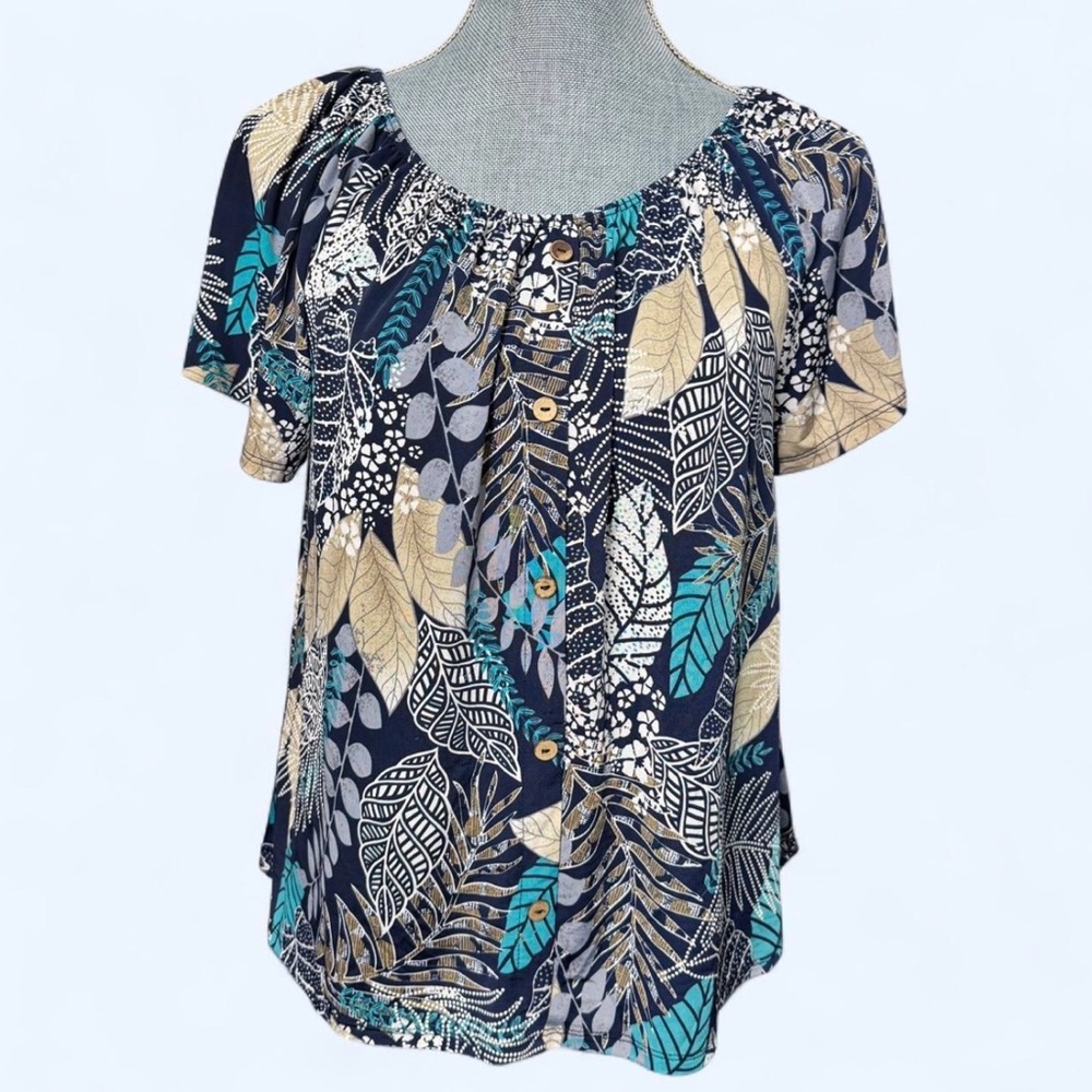 Boho Tropical Leaf Tunic Top Sz M Button Coastal Grandma Resort Vacation Peasant